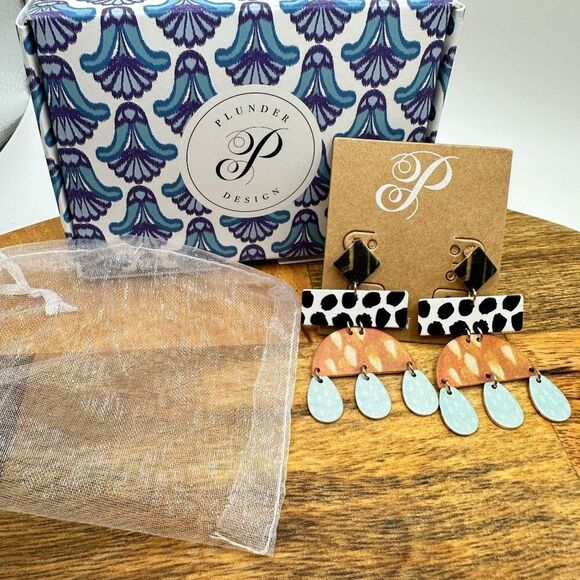 Plunder Enoch Earrings Leopard Print & Blue Teardrops Boho Chic Jewelry Hippie - Picture 3 of 4